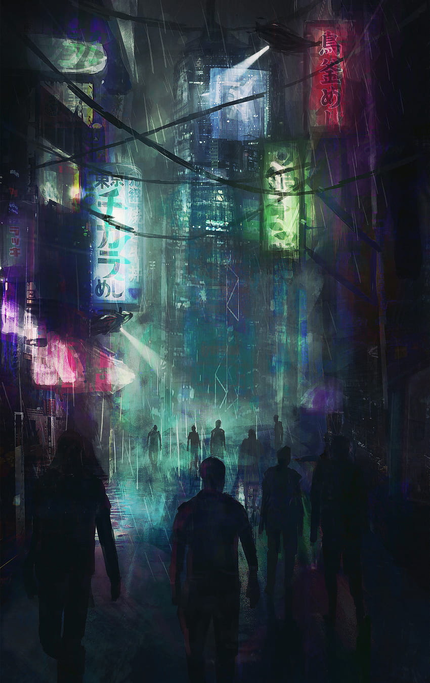 Kunst, Stadt, Silhouetten, Cyberpunk, Nachtstadt, Menschenmenge HD-Handy-Hintergrundbild