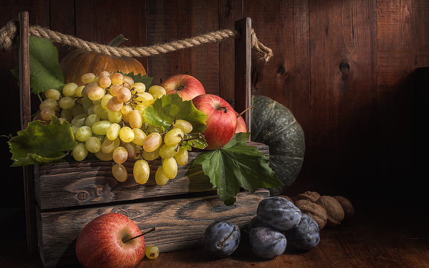 Still Life Food, grape, nuts, apple, food HD wallpaper
