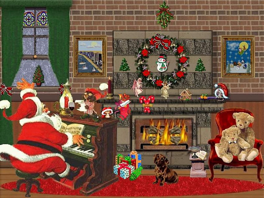 Santa istirahat, musim, liburan, beruang, jendela, natal, santa, karangan bunga Wallpaper HD