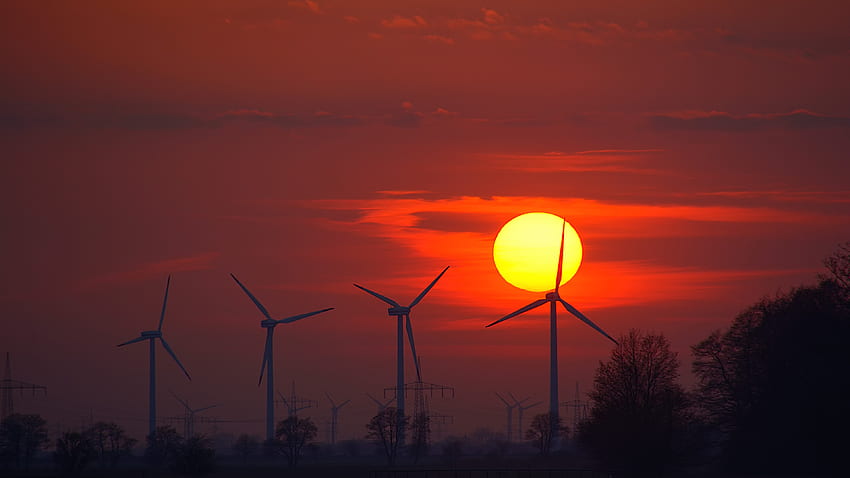 Turbine eoliche sera luce solare energia tramonto, turbina eolica Sfondo HD