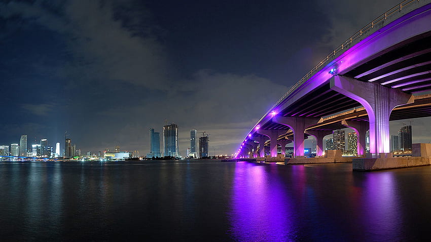 Miami, Städte, Nacht, Gebäude, Meer, Brücke HD-Hintergrundbild