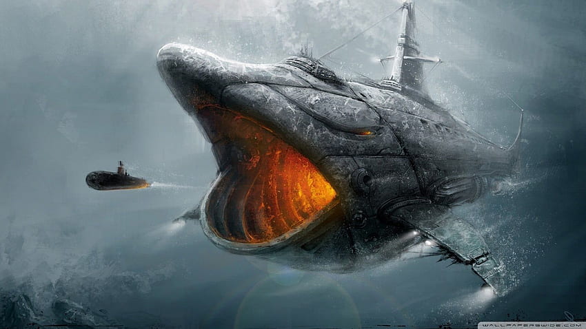 Submarino de tiburón negro digital, arte de fantasía. fondo de pantalla