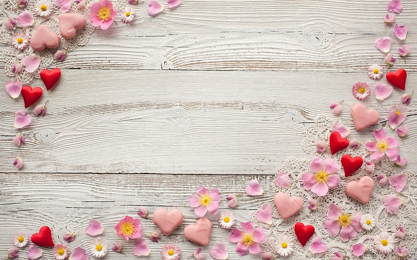 ハッピーバレンタインデー!、バレンタイン、ピンク、白、木、花、赤、カード、ハート 高画質の壁紙