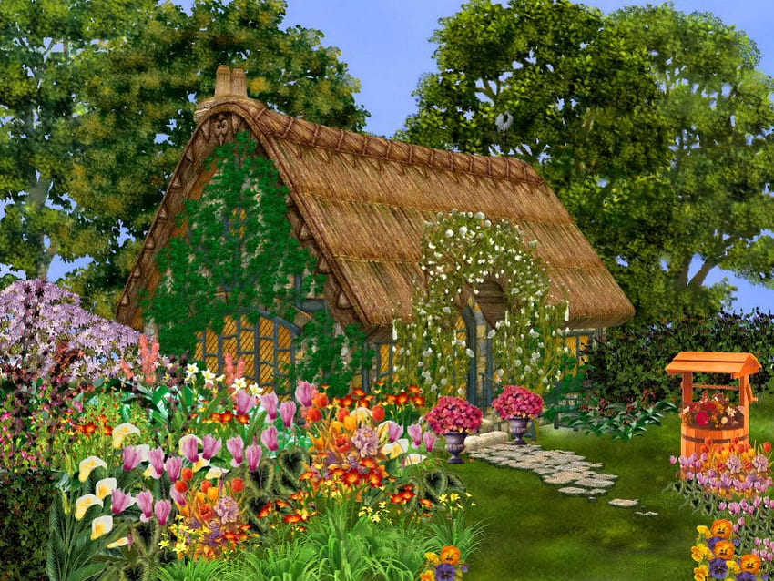 Countryside paradise, floral, serenity, nice, painting, greenery, pleasant, path, house, garden, paradise, beautiful, park, cabin, rest, sky, flowers, cottage, lovely, harmony, countryside HD wallpaper