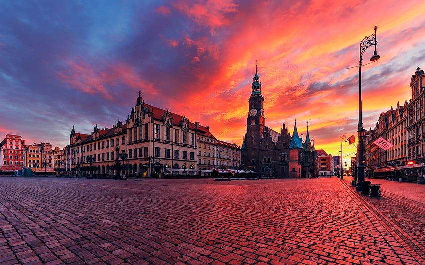 Place du marché, Wroclaw, soirée, coucher de soleil, paysage urbain de Wroclaw, place, Pologne Fond d'écran HD