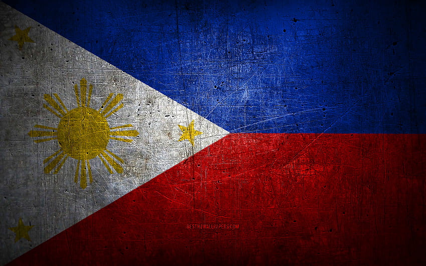 Philippines metal flag, grunge art, asian countries, Day of Philippines, national symbols, Philippines flag, metal flags, Flag of Philippines, Asia, Philippines HD wallpaper