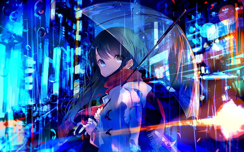 Anime Girl, Red Scarf, Transparent Umbrella, Bubbles, Lights for MacBook Pro 13 inch, Anime Girl Alone Light HD wallpaper