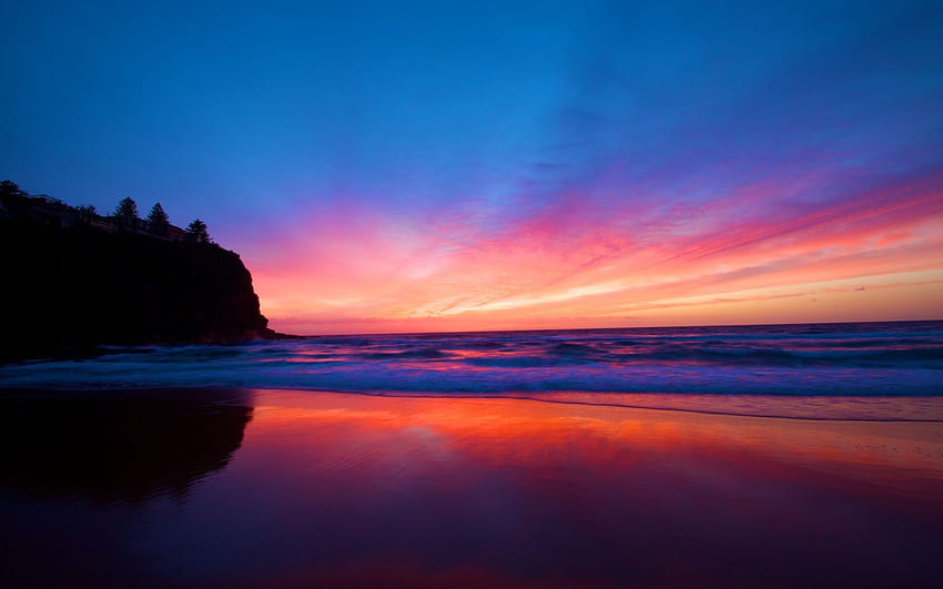 Niesamowity zachód słońca, prosta plaża Tapeta HD