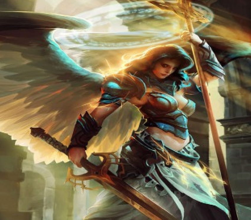 An Angel's Stand, staff, sword, halo, angel, female HD wallpaper