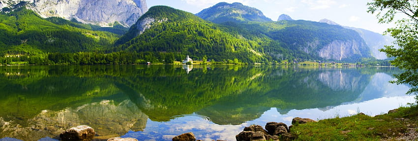 Gruner Lihat Panorama, danau, Austria, indah, pegunungan, tepi danau, hutan, refleksi Wallpaper HD