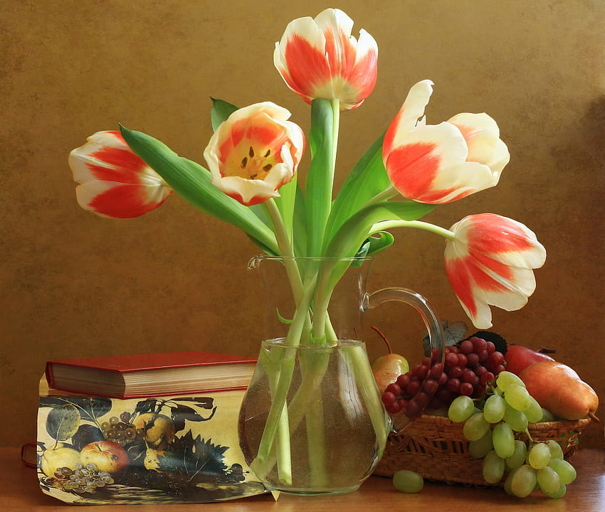 Still Life, colorful, grapes, vase, colors, beautiful, fruits, tulips, basket, book, pretty, flowers HD wallpaper