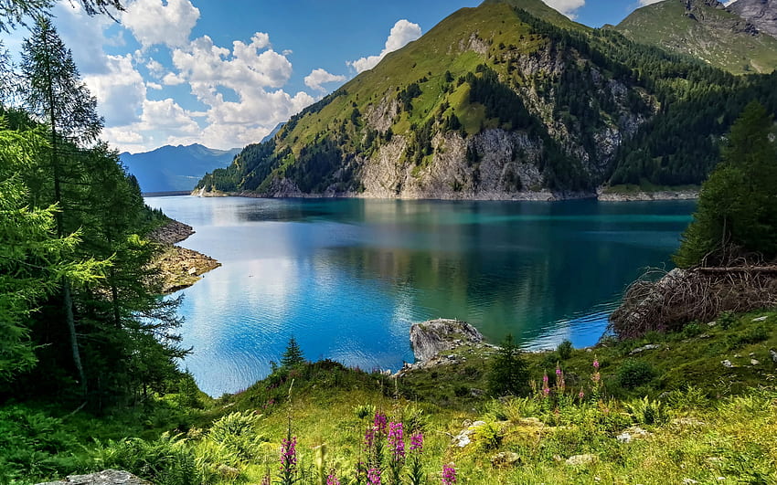 ベルク湖、山の湖、ベルクゼー、アルプス ティチーノ、山の風景、夏、夕方、日没、スイス 高画質の壁紙