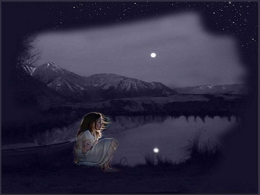 LONELY GIRL, night, moon, girl, stars, lonely, mountains HD wallpaper