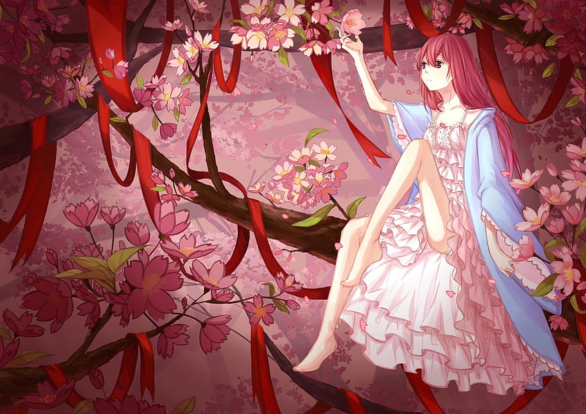 Cherry Blossom, ładny, długie włosy, piękno, dama, Płeć żeńska, kwiat, płaszcz, słodki, biały, sztuka, wstążka, dziewczyna, piękny, drzewo, kobieta, różowy, anime, ładny, wiśnia, czerwony, kwiaty, śliczny Tapeta HD