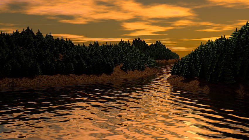 Пейзаж, реки, дървета, изкуство, 3D HD тапет
