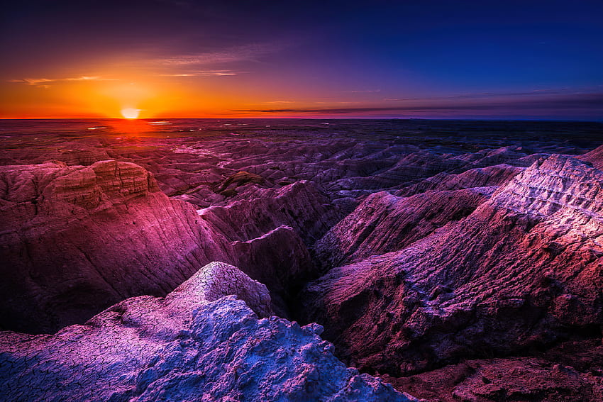 Sunrise in Badlands National Park, purple, view, beautiful, sky, rocks, sunset, fiery, sunrise, NP HD wallpaper