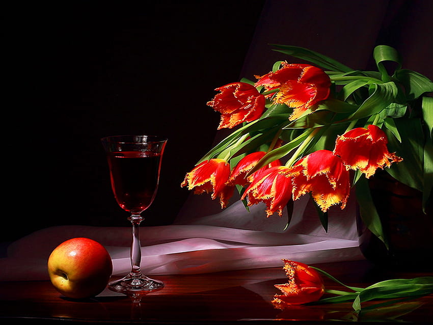 Still life, table, beautiful, fruits, tulips, nice, pretty, red, glass, apple, flowers, lovely, harmony, wine HD wallpaper