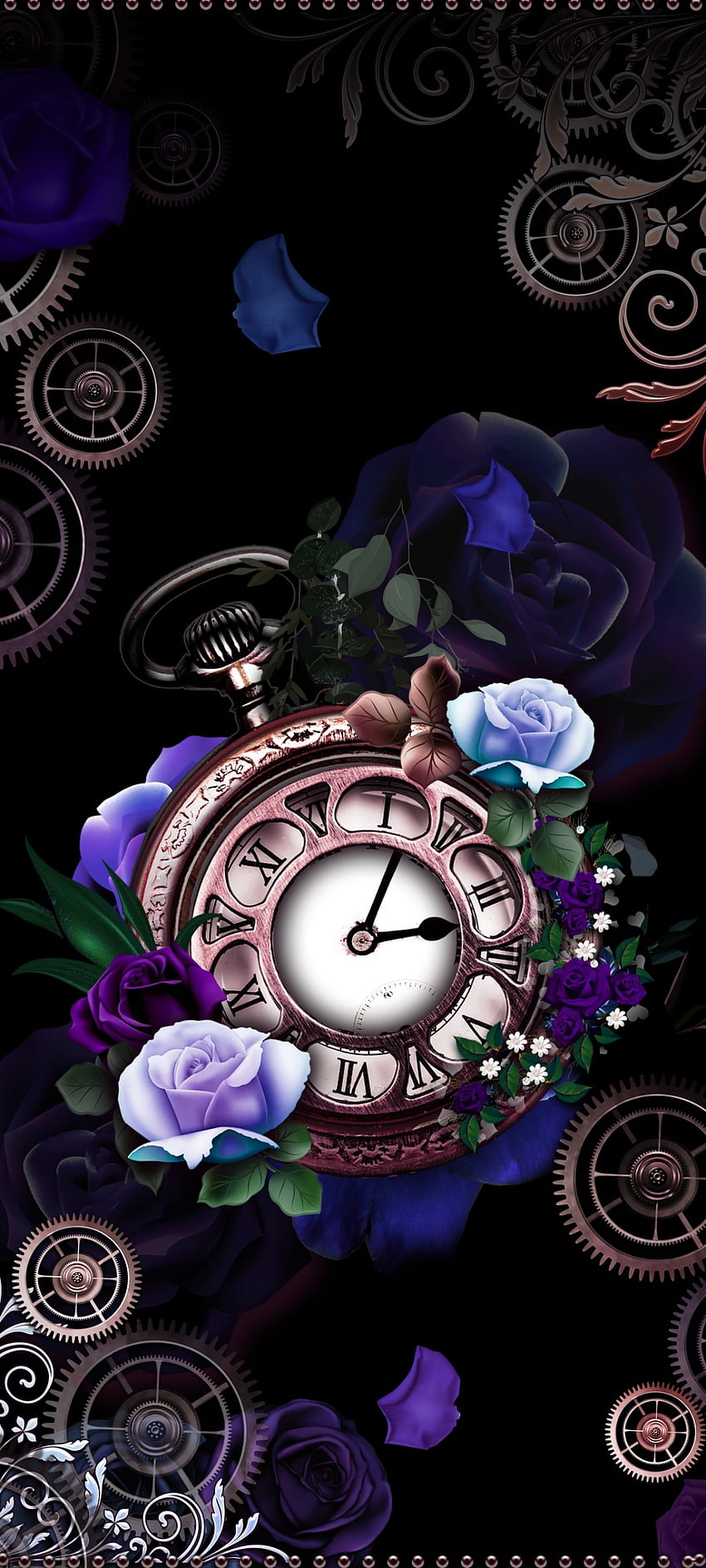 Blaue Blumenuhr, Kunst, rosa, Maschine, dunkel HD-Handy-Hintergrundbild