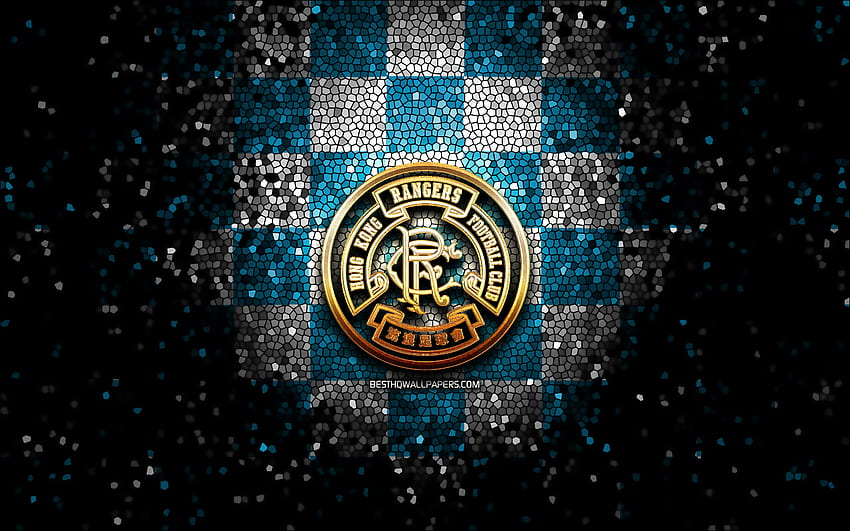 Hong Kong Rangers FC, glitter logo, Hong Kong Premier League, blue white checkered background, soccer, Hong Kong football club, Hong Kong Rangers logo, mosaic art, Hong Kong Rangers, football HD wallpaper