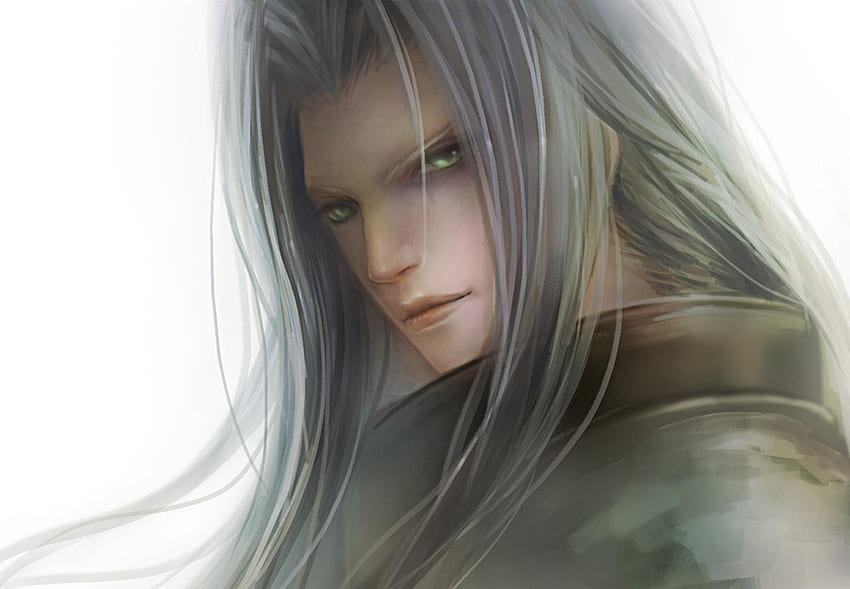 Sephiroth, games, final fantasy series, final fantasy vii, white background, final fantasy 7, long hair, anime, white hair, video games, ff7, green eyes, male HD wallpaper