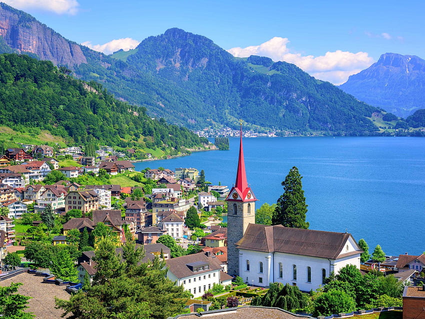 스위스의 루체른 호수 루체른 호수와 알프스 풍경에 고딕 양식의 교회가 있는 작은 스위스 마을 노트북 태블릿 휴대 전화 및 TV용 울트라 HD 월페이퍼