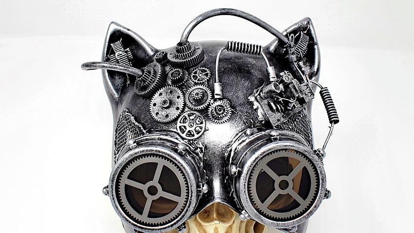 Steampunk maska ​​kota mechaniczna pół kot kobieta maska ​​z czaszką koła zębate i gogle kostium Cosplay Halloween Tapeta HD