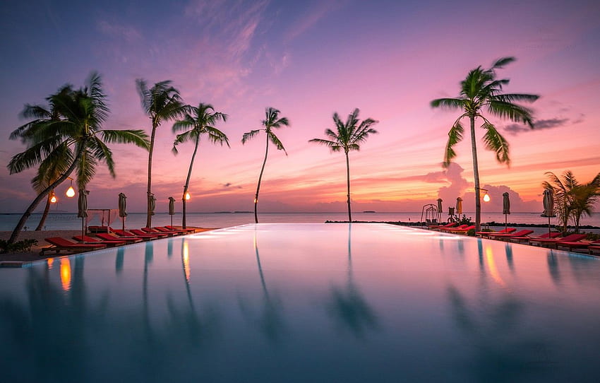sunset, tropics, palm trees, the ocean, pool, Maldives, The Indian ocean, Indian Ocean, Malediwy for , section пейзажи - HD wallpaper