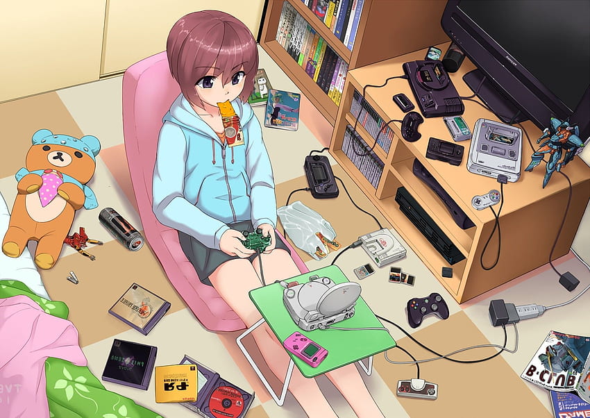 Anime, Brunette, Purple Eyes, Room, Original Characters, PlayStation, Nintendo Entertainment System, Xbox 360, PlayStation 2 / und mobiler Hintergrund HD-Hintergrundbild
