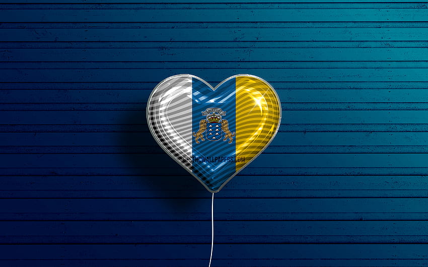 I Love Canary Islands, , realistic balloons, blue wooden background, Day of Canary Islands, Communities of Spain, flag of Canary Islands, Spain, balloon with flag, spanish communities, Canary Islands flag, Canary Islands HD wallpaper
