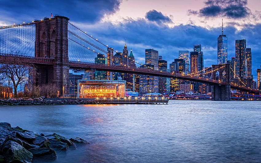Brooklyn Bridge, zachód słońca, Nowy Jork, NYC, wieczór, Brooklyn, drapacze chmur, World Trade Center 1, pejzaże miejskie, panoramę Nowego Jorku, USA, Nowy Jork z rozdzielczością. Wysoka jakość Tapeta HD
