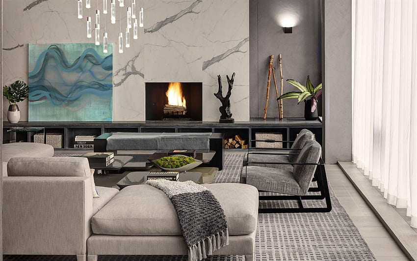 living room, stylish interior design, white marble walls in the living room, modern interior design, living room idea, loft style HD wallpaper
