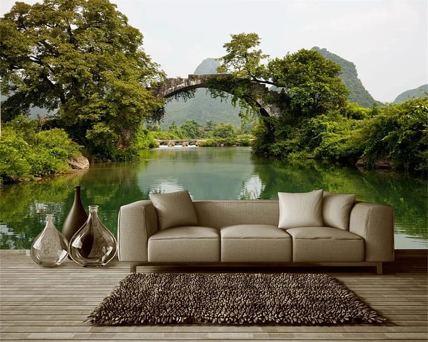 Beibehang niestandardowy elegancki minimalistyczny nowoczesny most woda zielona świeża w tle 3D mural papel de pared. malowidła ścienne. niestandardowa foto ścienna Tapeta HD