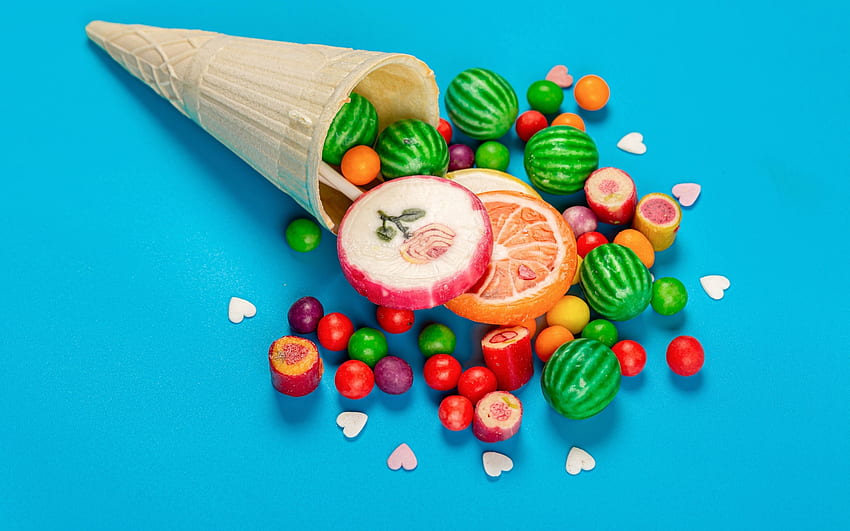Candies, fruit, watermelon, orange, vara, candy, blue, colorful, summer, cornet, green, red orange HD wallpaper