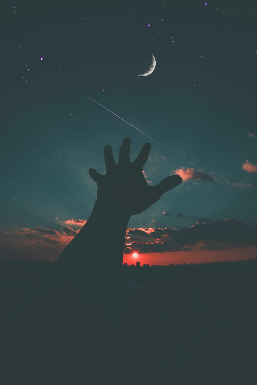 Niebo, noc, księżyc, ciemność, ręka, gwiaździste niebo Tapeta na telefon HD