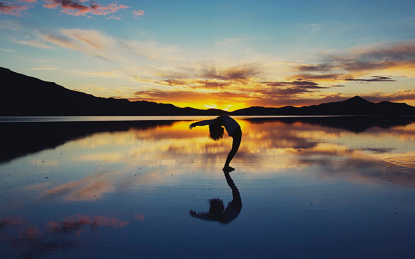 yoga, silhouette, lake, horizon, Yoga Sunset HD wallpaper