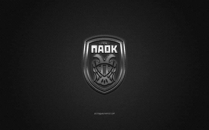 PAOK FC, гръцки футболен клуб, Суперлига Гърция, сребърно лого, сив фон от въглеродни влакна, футбол, Солун, Гърция, лого на PAOK FC за с разделителна способност. Високо качество HD тапет