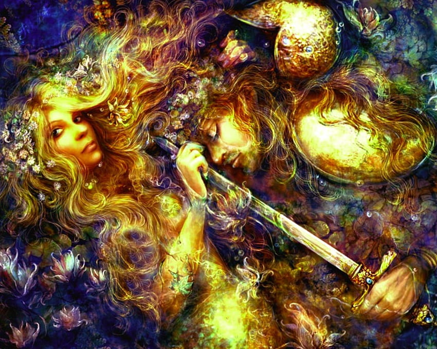 Arthurian Legend, sword, fantasy, girl, guy, artistic HD wallpaper