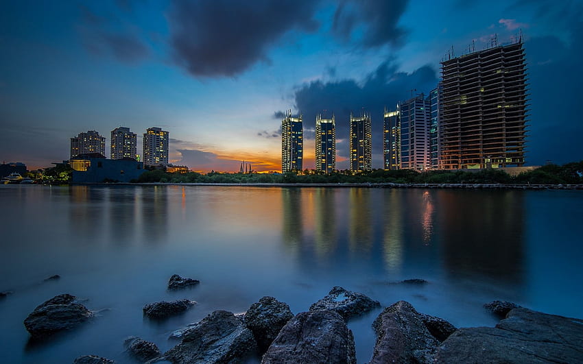 Jakarta, Indonesia, city, buildings, river, rocks, night , , Jakarta HD  wallpaper | Pxfuel