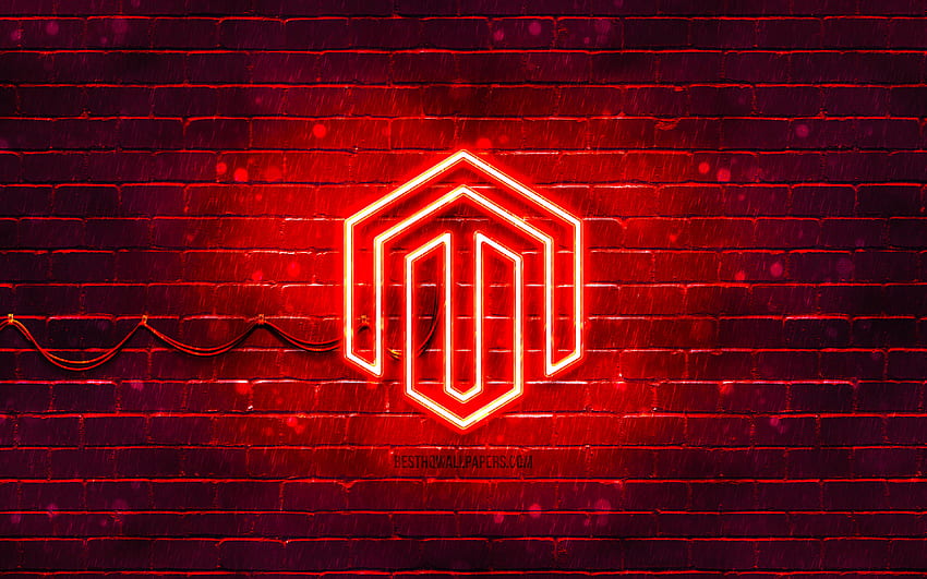 Magento red logo, , red brickwall, logo Magento, marki, neonowe logo Magento, Magento Tapeta HD