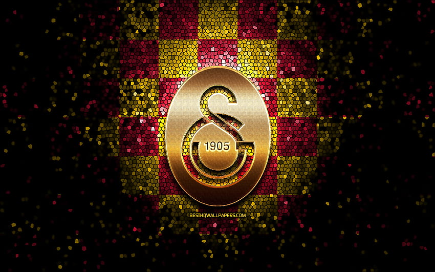 Galatasaray SK, brokatowe logo, Basketbol Super Ligi, fioletowo-żółte tło w kratkę, koszykówka, turecka drużyna koszykówki, logo Galatasaray SK, mozaika, Turcja, Galatasaray Odeabank Tapeta HD