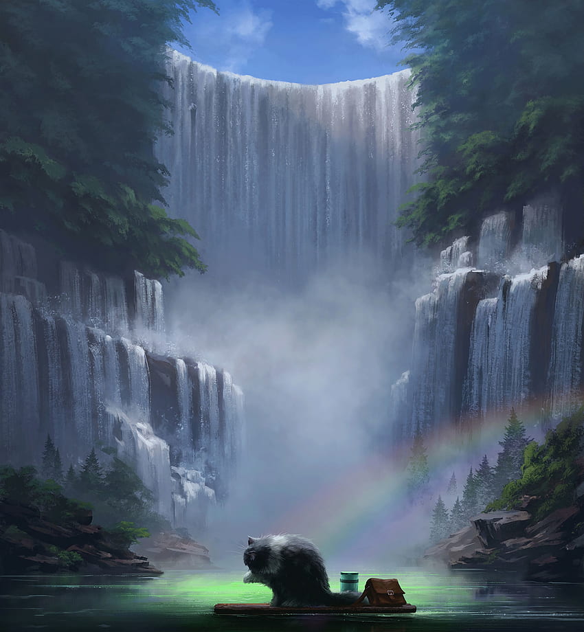 Art, Rainbow, Waterfall, Cat, Journey, Wash Up, Wash HD phone wallpaper