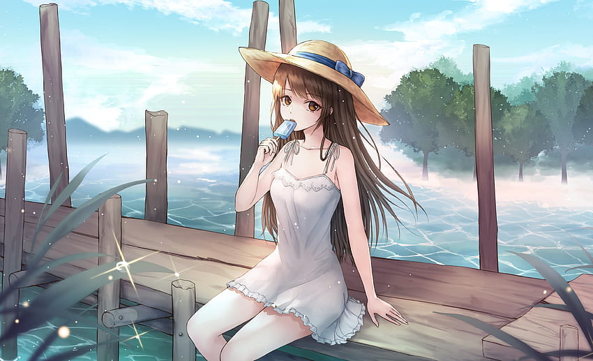 Cute, anime girl, ice candy, pier, artwork HD wallpaper