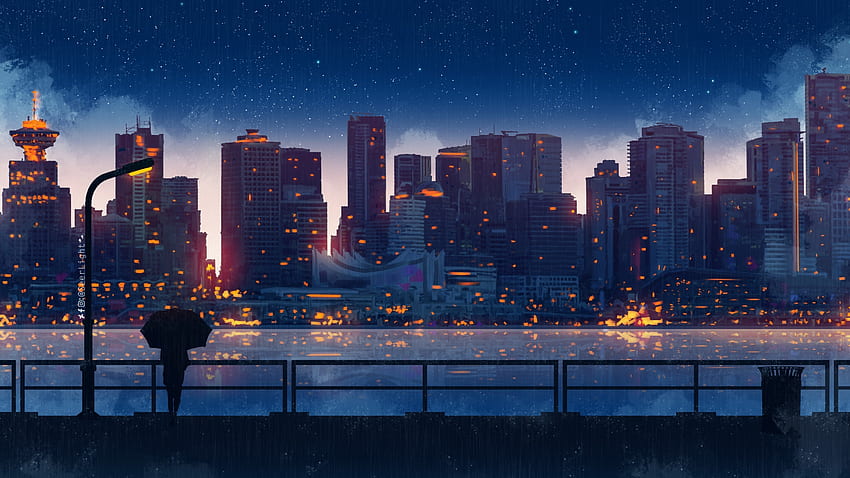 Paisaje urbano animado, lloviendo, luz, silueta, estrellas, escénico,  2732x1536 fondo de pantalla | Pxfuel