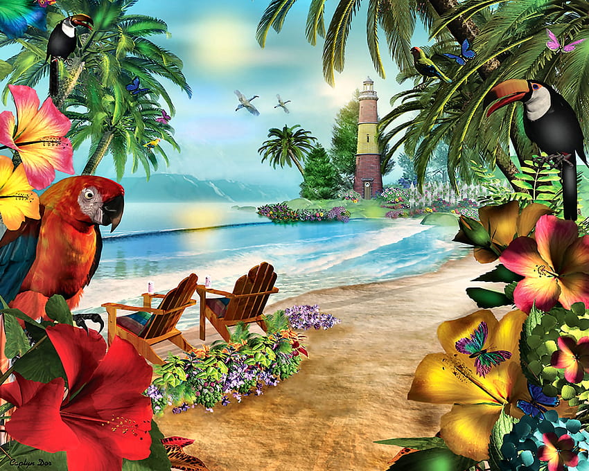 Island of the Palms F, kum, deniz feneri, sanat, güzel, illüstrasyon, plaj, sanat eseri, kıyı, manzara, geniş ekran HD duvar kağıdı