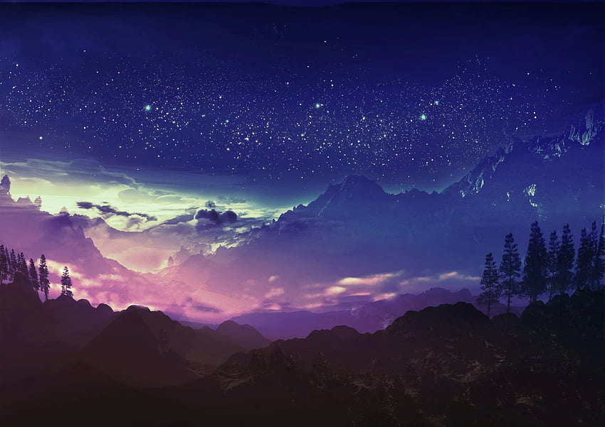 Аниме Оригинален пейзаж Планина Дърво Облак Звезди Небе HD тапет