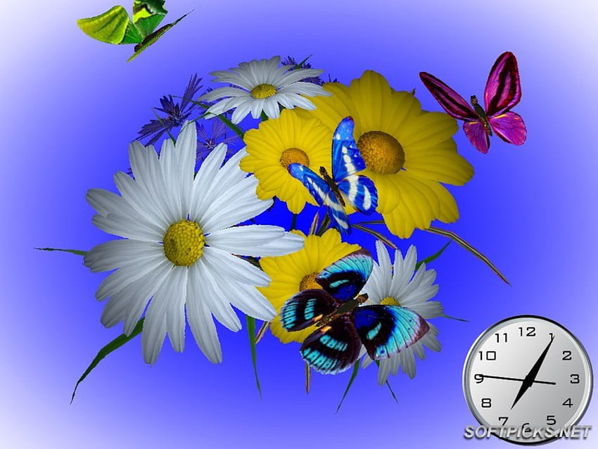 horloge papillon fleurs, magnifique, papillons, fleurs, charmant Fond d'écran HD