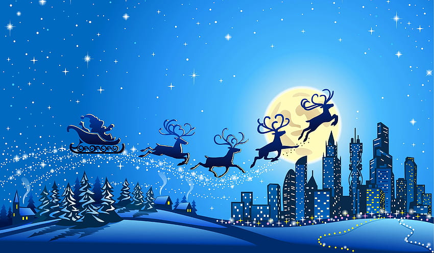Reindeer Chariot, City, Santa Sleigh, Santa Claus, Santa Christmas HD wallpaper