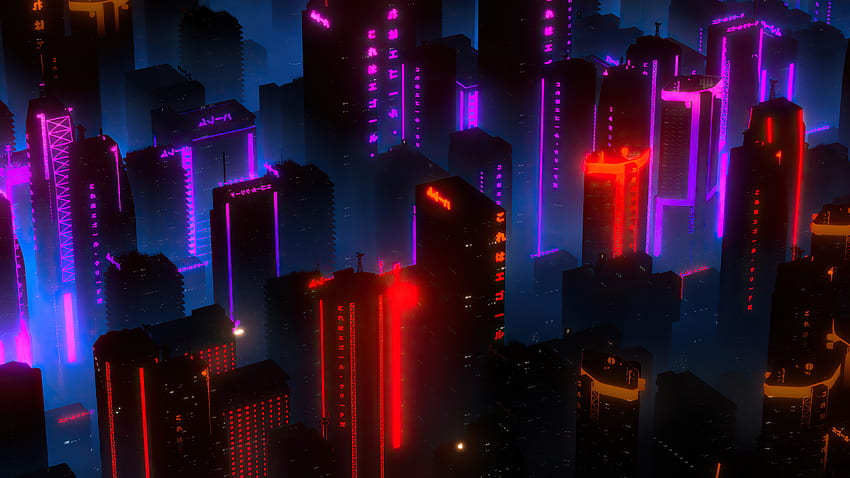 Неонови светлини, градски пейзаж, сгради, изглед от въздуха HD тапет