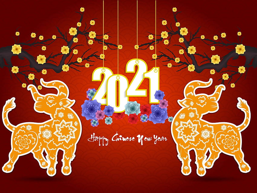 Happy New Year 2021, Ox, Flowers, Red Background IPhone 11 Pro XS Max , Background, ,, Chinese New Year 2021 Year of the Ox HD wallpaper