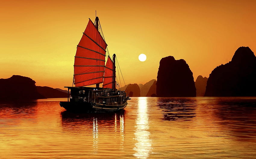 Ha Long Körfezi Vietnam, Halong Körfezi'nde Gün Doğumunda Tekne HD duvar kağıdı